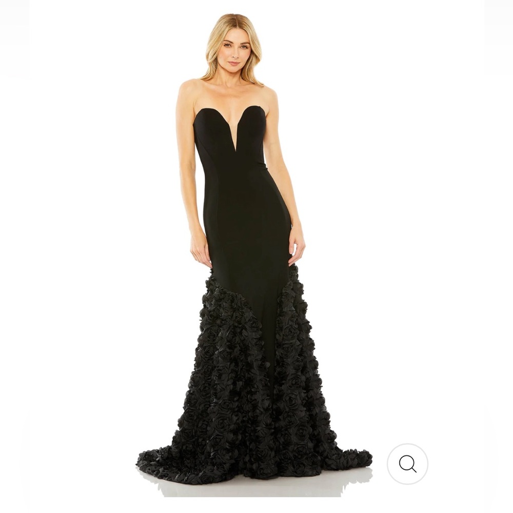 Mac Duggal Black Strapless Mermaid Gown with Rosette Skirt